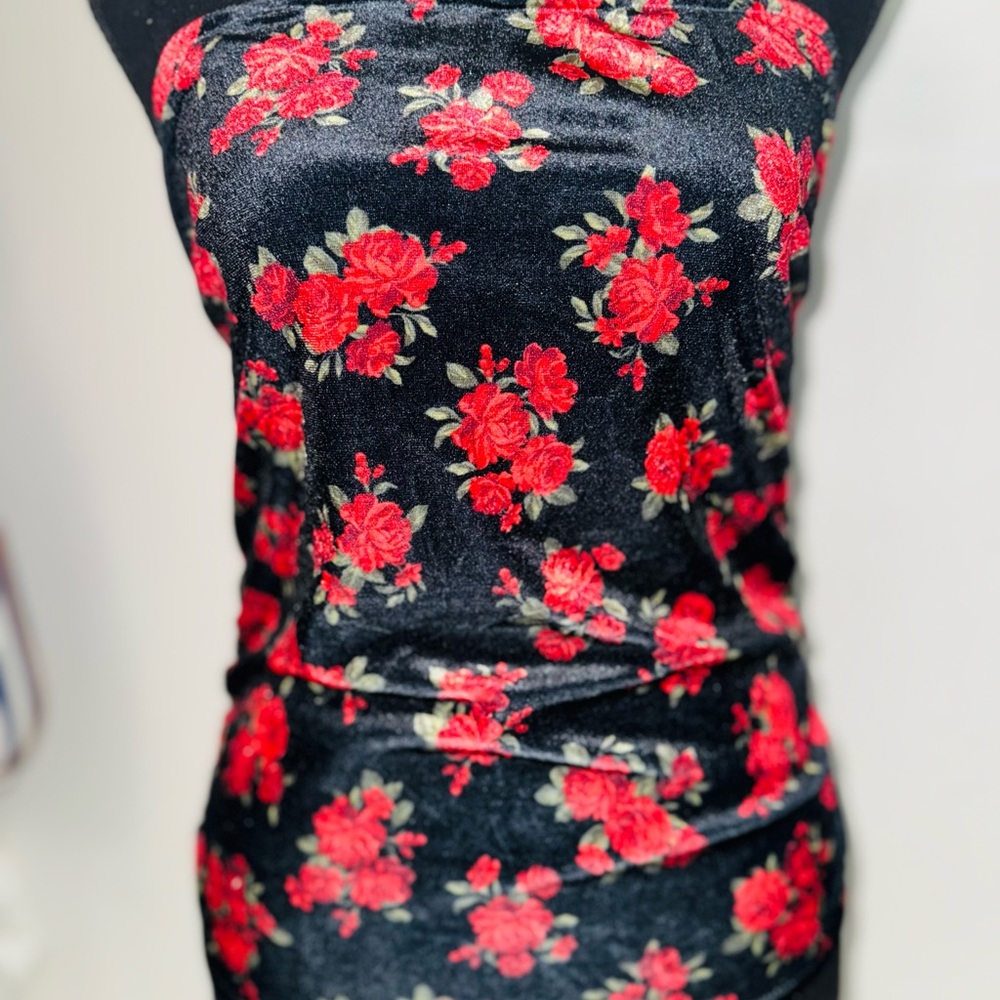 Derek Heart Strapless Black Dress with Red Floral Design